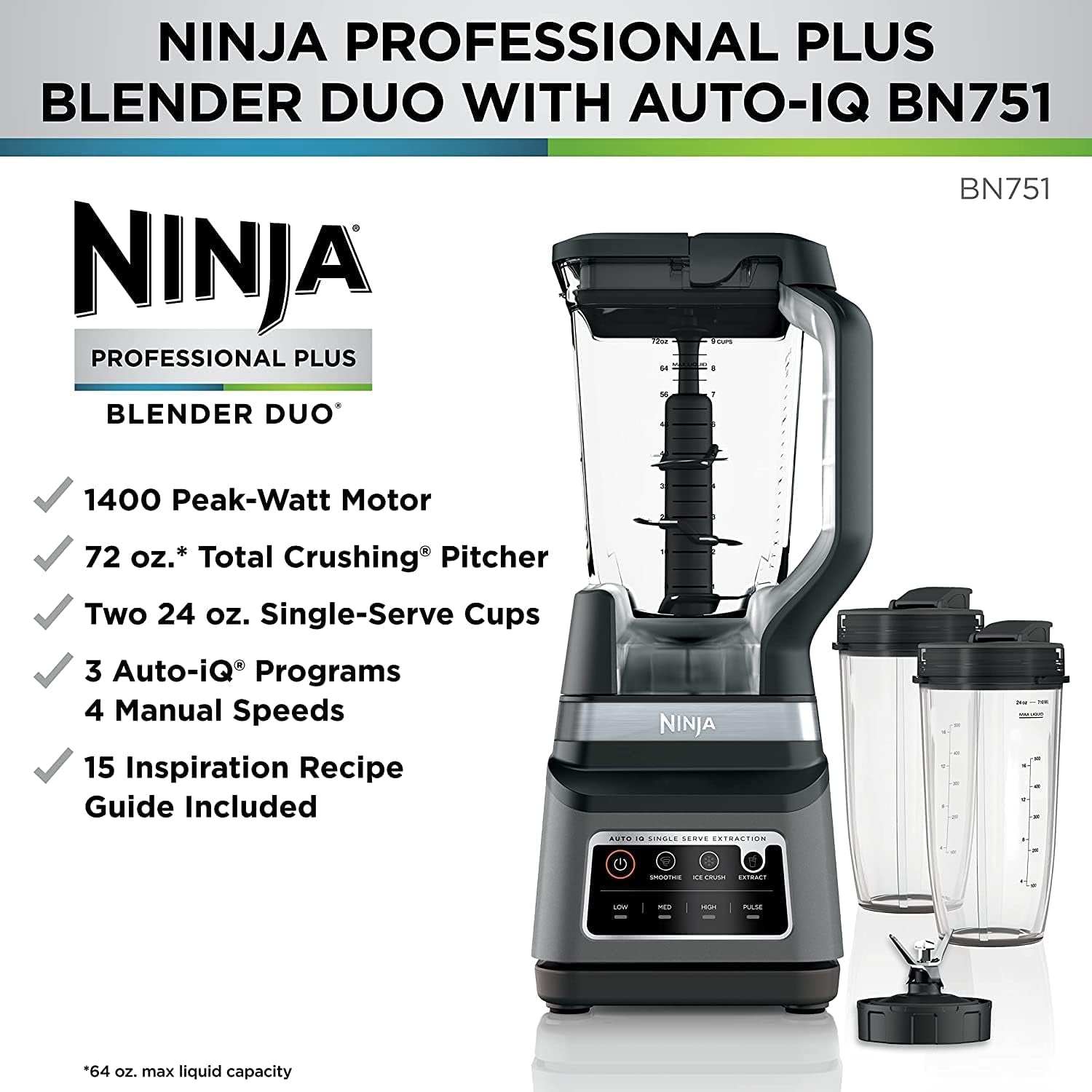 BN751 Professional plus DUO Blender, 1400 Peak Watts, 3 Auto-Iq Programs for Smoothies, Frozen Drinks & Nutrient Extractions, 72-Oz. Total Crushing Pitcher & (2) 24 Oz. To-Go Cups, Black