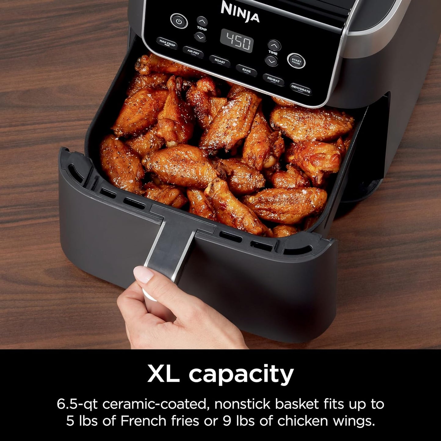 | Air Fryer | 6.5 QT Pro XL Capacity Fits 9Lbs of Wings | 6-In-1 Max Crisp, Air Fry, Roast, Bake, Reheat & Dehydrate | Nonstick Basket, Crisper Plate & Recipe Guide | Grey | AF181