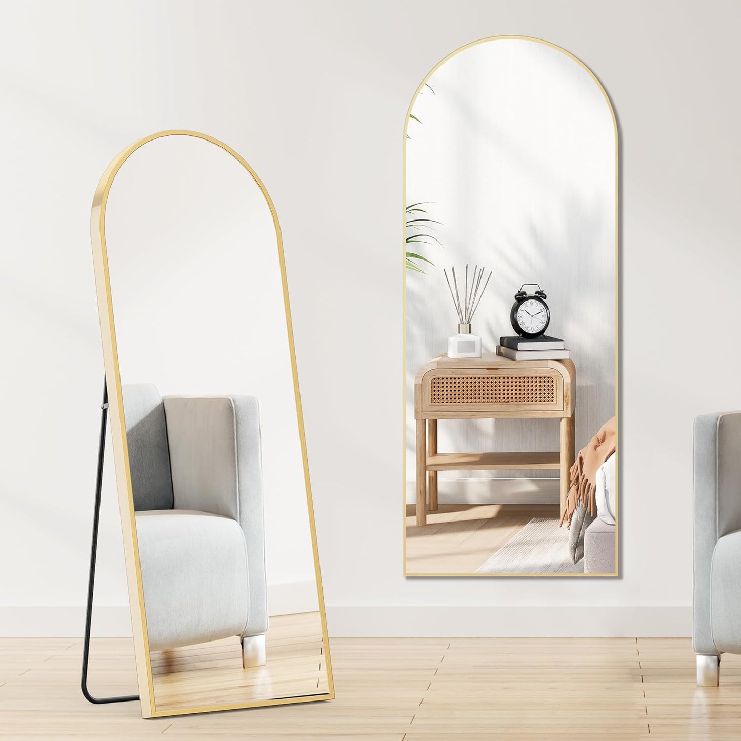 64"X21" Arched Full Length Mirror, Standing or Leaning Full Body Mirror with Aluminum Alloy Thin Frame, Suitable for Bedroom or Cloakroom,Gold
