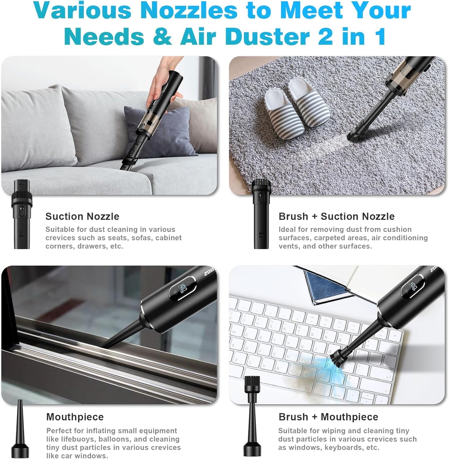 Handheld Vacuum Cordless, Car Vacuum with 14000PA Powerful Suction with LED Light, Air Duster 2-In-1,Low Noise Rechargeable Portable Mini Vacuum Cleaner for Car Home Pet Office,Two Gears Black