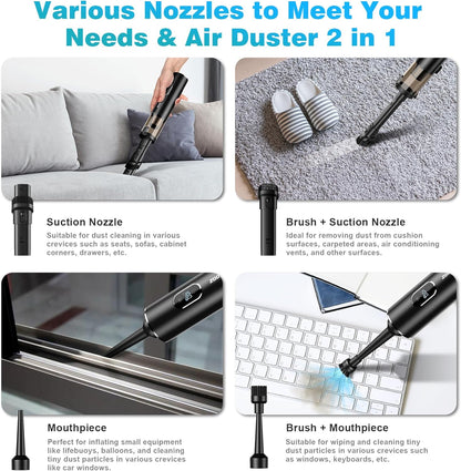 Handheld Vacuum Cordless, Car Vacuum with 14000PA Powerful Suction with LED Light, Air Duster 2-In-1,Low Noise Rechargeable Portable Mini Vacuum Cleaner for Car Home Pet Office,Two Gears Black