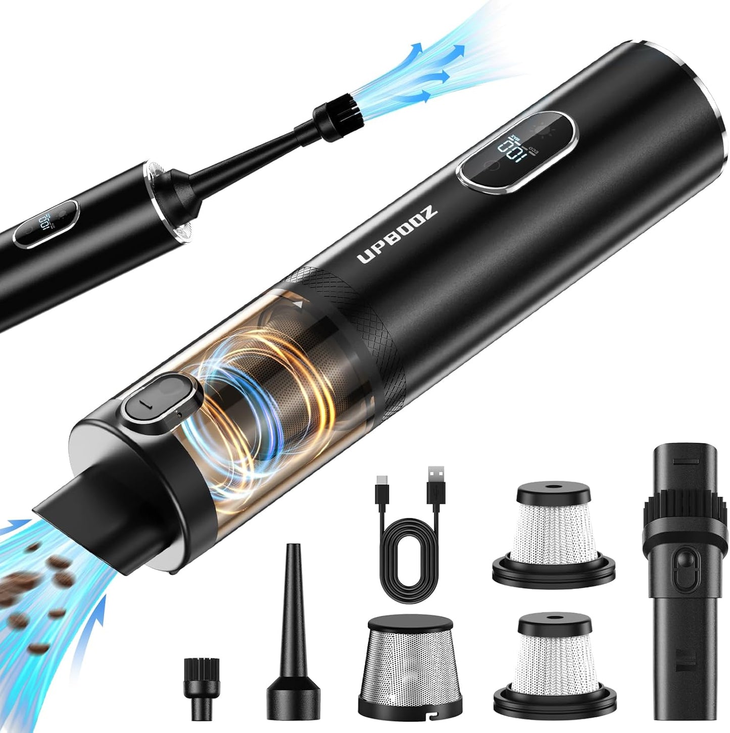 Handheld Vacuum Cordless, Car Vacuum with 14000PA Powerful Suction with LED Light, Air Duster 2-In-1,Low Noise Rechargeable Portable Mini Vacuum Cleaner for Car Home Pet Office,Two Gears Black