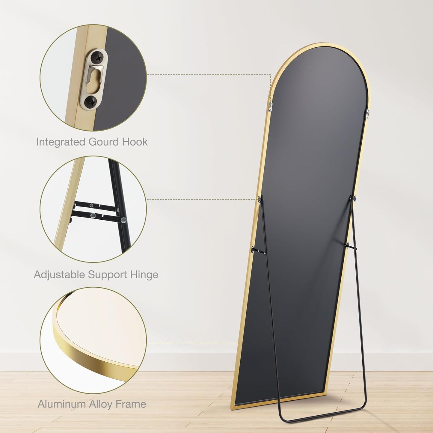 64"X21" Arched Full Length Mirror, Standing or Leaning Full Body Mirror with Aluminum Alloy Thin Frame, Suitable for Bedroom or Cloakroom,Gold