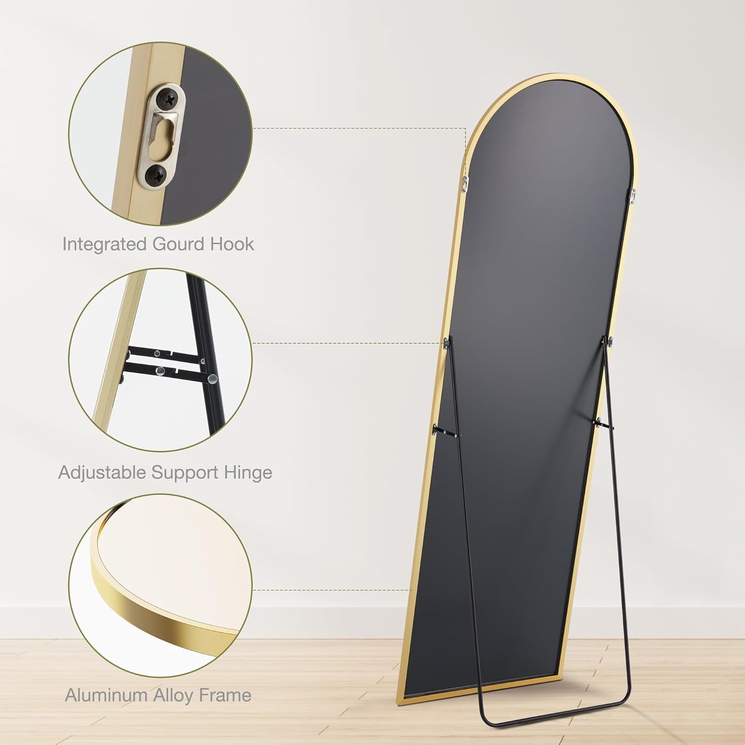 64"X21" Arched Full Length Mirror, Standing or Leaning Full Body Mirror with Aluminum Alloy Thin Frame, Suitable for Bedroom or Cloakroom,Gold