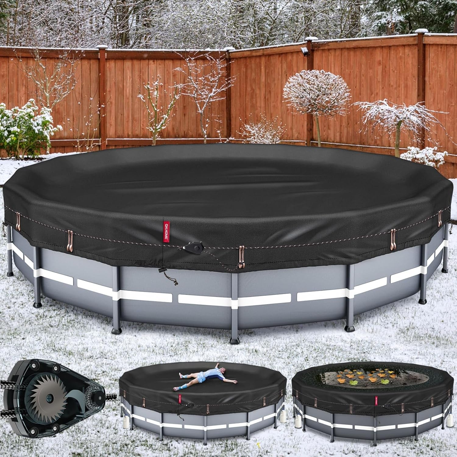 Winter round Pool Cover for 18 Ft Bestway/Intex/Coleman Frame above Ground Pool, [Excellent Windproof ] with Fast Tightening Patented Ratchet& Weight-Bearing Rings,Cold and UV Resistant