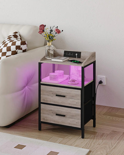 Greige Modern Nightstand with LED & Charging Hub